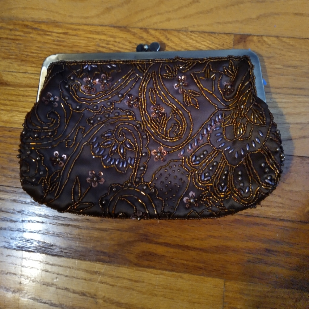 Brown beaded clutch